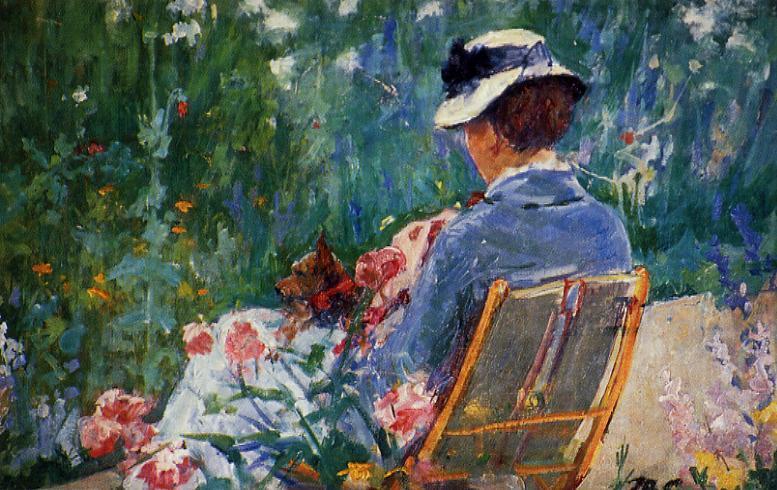 Lydia Seated in the Garden with a Dog in Her Lap - Mary Cassatt Painting on Canvas
